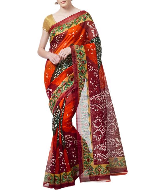 Contrast bordered bandhani saree with blouse - 15419485 - Standard Image - 1