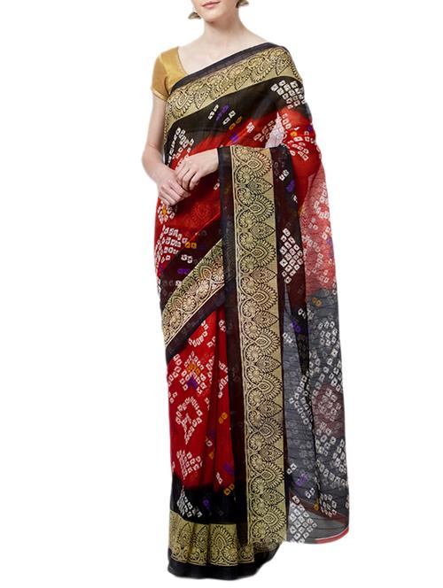 Contrast bordered bandhani saree with blouse - 15419487 - Standard Image - 1