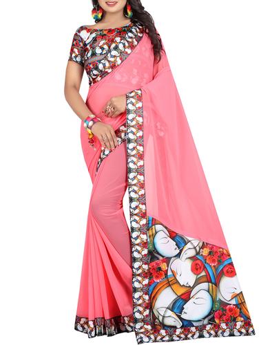 Krishna Radhe printed bordered saree with blouse - 15419955 - Very Small Image - 1