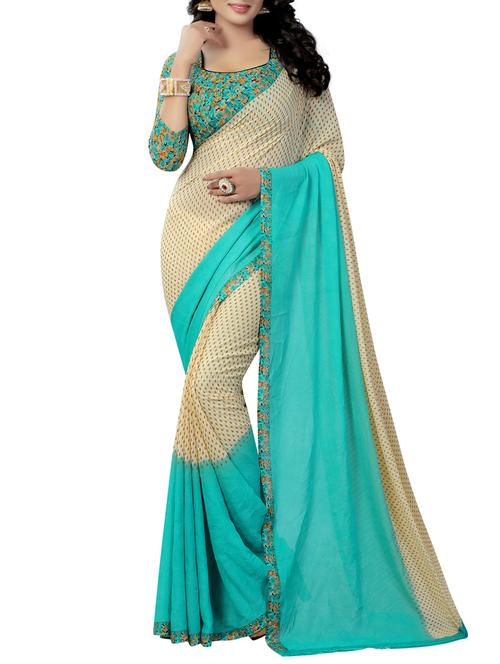 Contrast bordered printed saree with blouse - 15419964 - Standard Image - 1