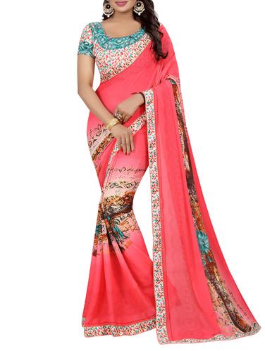 Baby pink printed saree with blouse - 15419970 - Very Small Image - 1