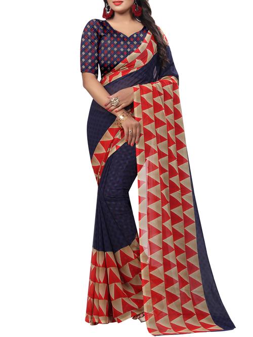 Temple bordered printed saree with blouse - 15419975 - Standard Image - 1