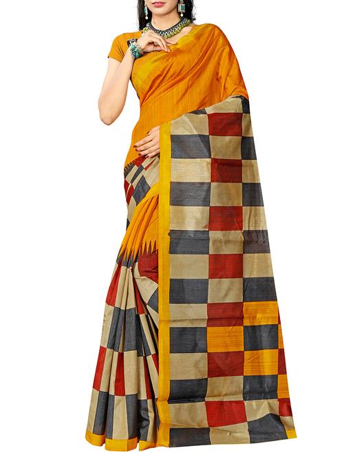 contrast checkered mustard bhagalpuri saree with blouse - 15420328 - Standard Image - 1