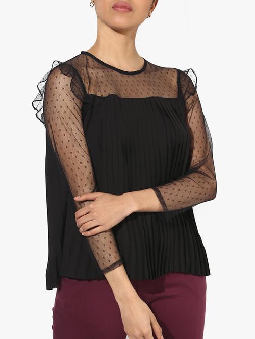 mesh yoke and sleeve pleated top - 15421704 - Standard Image - 1