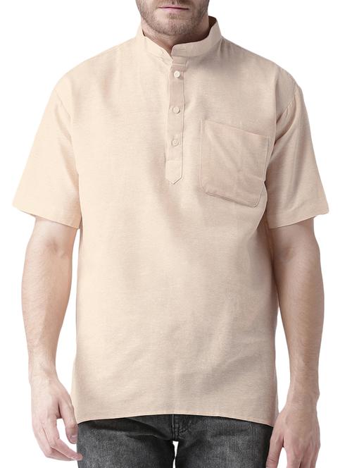 beige khadi cotton short kurta - 15428747 - Standard Image - 1