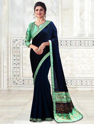 Midnight blue zari bordered saree with blouse - 15429734 - Standard Image - 1