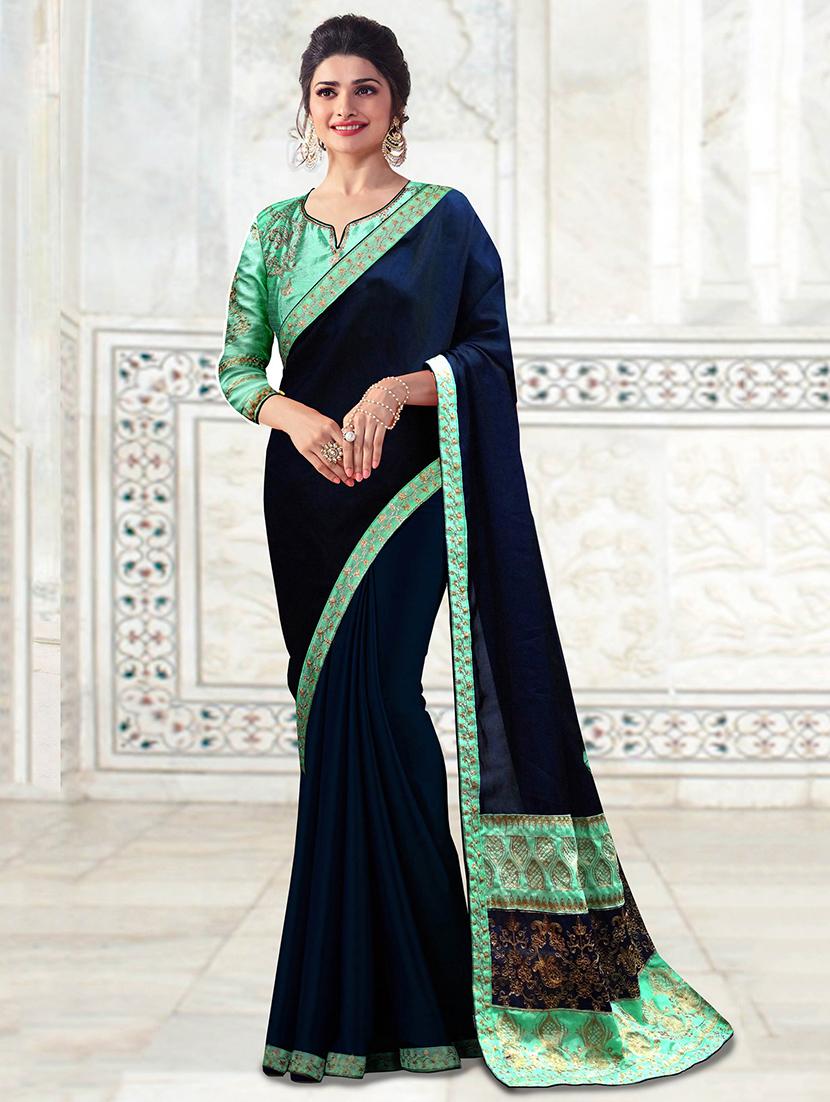 Midnight blue zari bordered saree with blouse - 15429734 - Zoom Image - 1