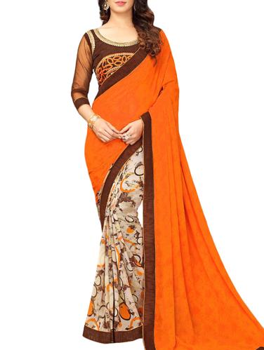 Printed half and half saree with blouse - 15430070 - Very Small Image - 1