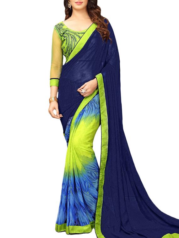 Printed half and half saree with blouse - 15430072 - Zoom Image - 1