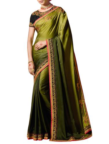 Forest green Zari bordered saree with blouse - 15430088 - Very Small Image - 1