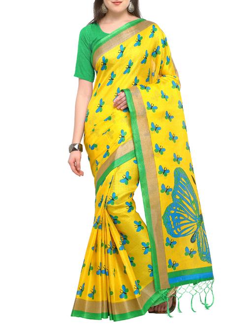 conversational yellow printed saree with tassels with blouse - 15431078 - Very Small Image - 1