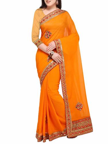 mirror work orange embroidered saree with blouse - 15431107 - Very Small Image - 1