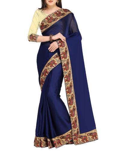 embroidered border blue saree with blouse - 15431111 - Very Small Image - 1