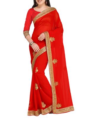 thread embroidered red saree with blouse - 15431113 - Standard Image - 1
