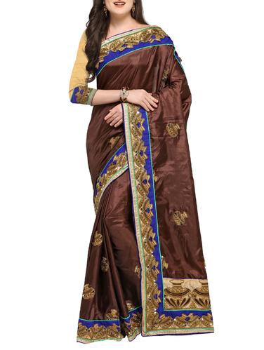 embroidered brown silk saree with blouse - 15431124 - Very Small Image - 1