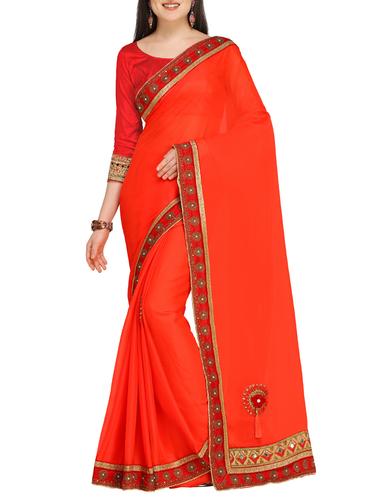 embellished border red saree with tassels with blouse - 15431126 - Very Small Image - 1