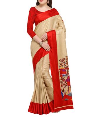 contrast border printed pallu saree with blouse - 15431132 - Standard Image - 1