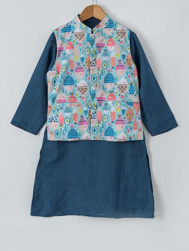 blue cotton kurta with nehru jacket - 15432328 - Very Small Image - 1