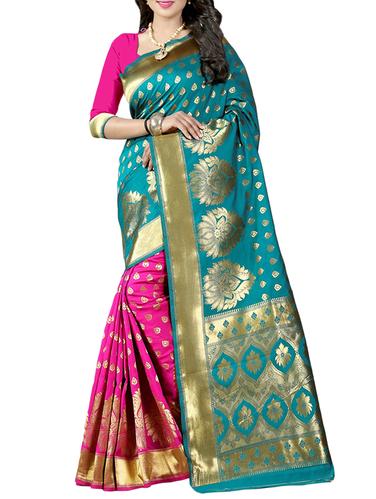 half & half zari banarasi saree with blouse - 15432708 - Very Small Image - 1