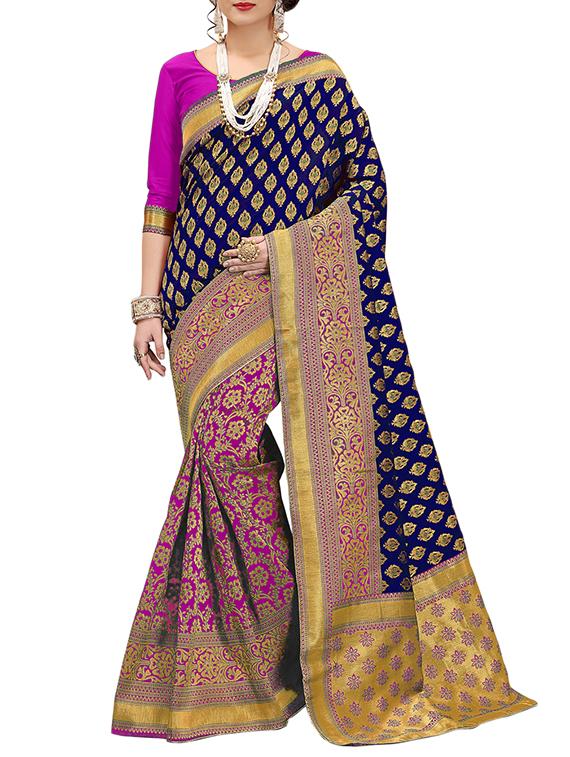 half & half floral banarasi saree with blouse - 15432929 - Zoom Image - 1