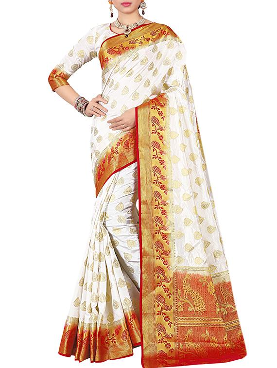 contrast zari border banarasi saree with blouse - 15432964 - Zoom Image - 1