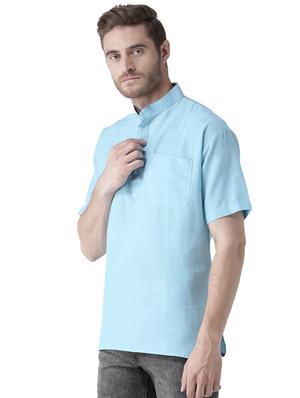 blue khadi cotton short kurta - 15433056 - Standard Image - 2