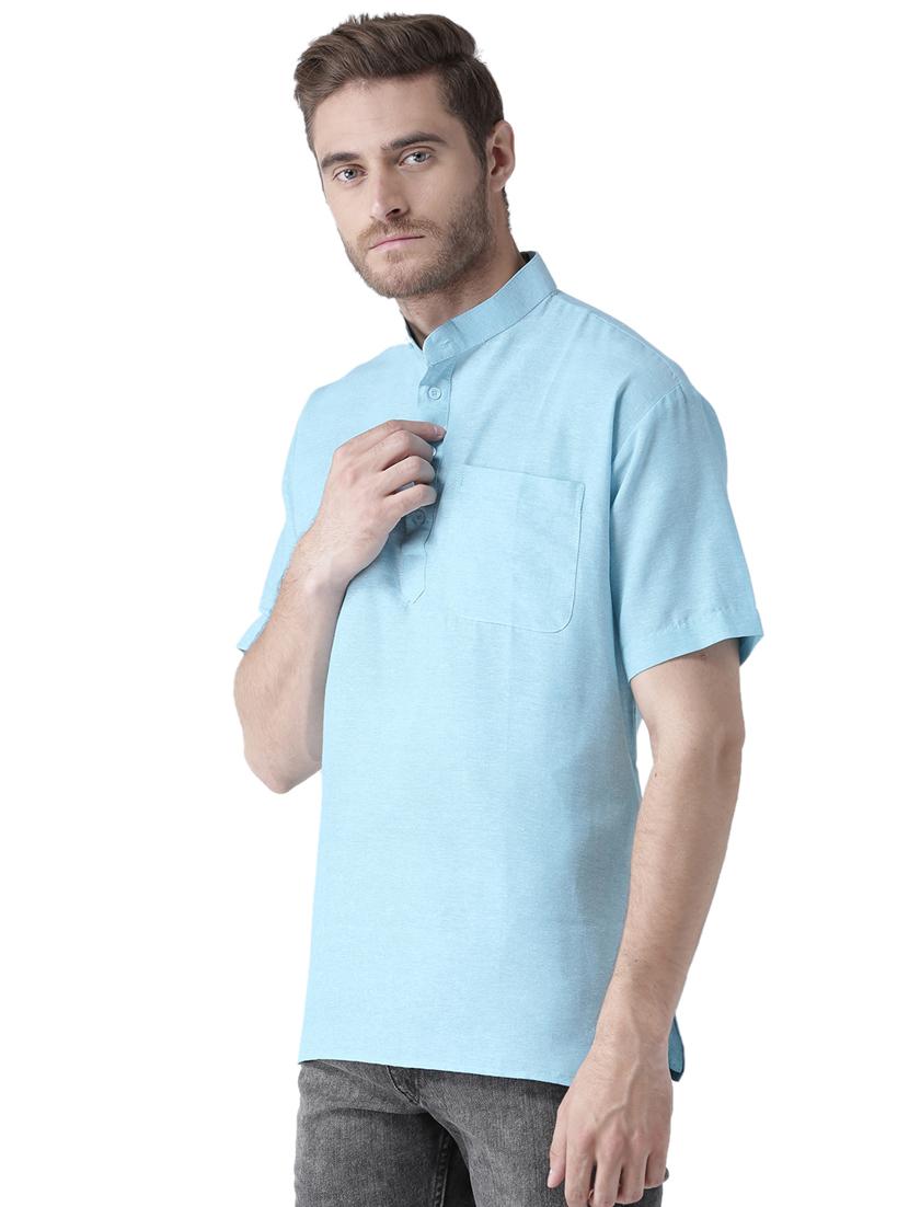 blue khadi cotton short kurta - 15433056 - Zoom Image - 2