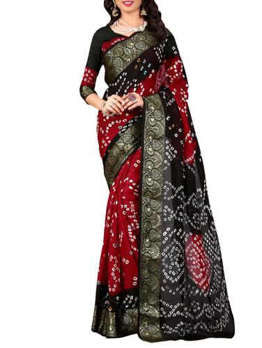 Zari contrast border bandhani saree with blouse - 15433758 - Very Small Image - 1