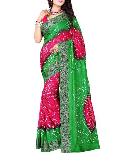 Zari contrast border bandhani saree with blouse - 15433766 - Very Small Image - 1