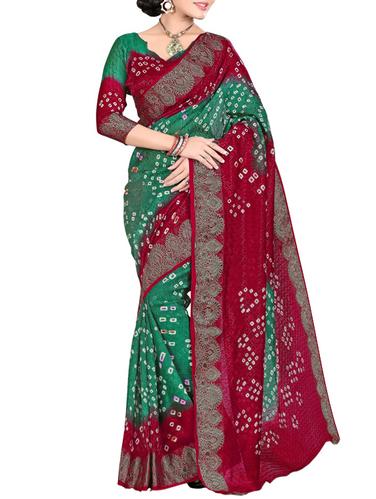 Zari contrast border bandhani saree with blouse - 15433770 - Very Small Image - 1