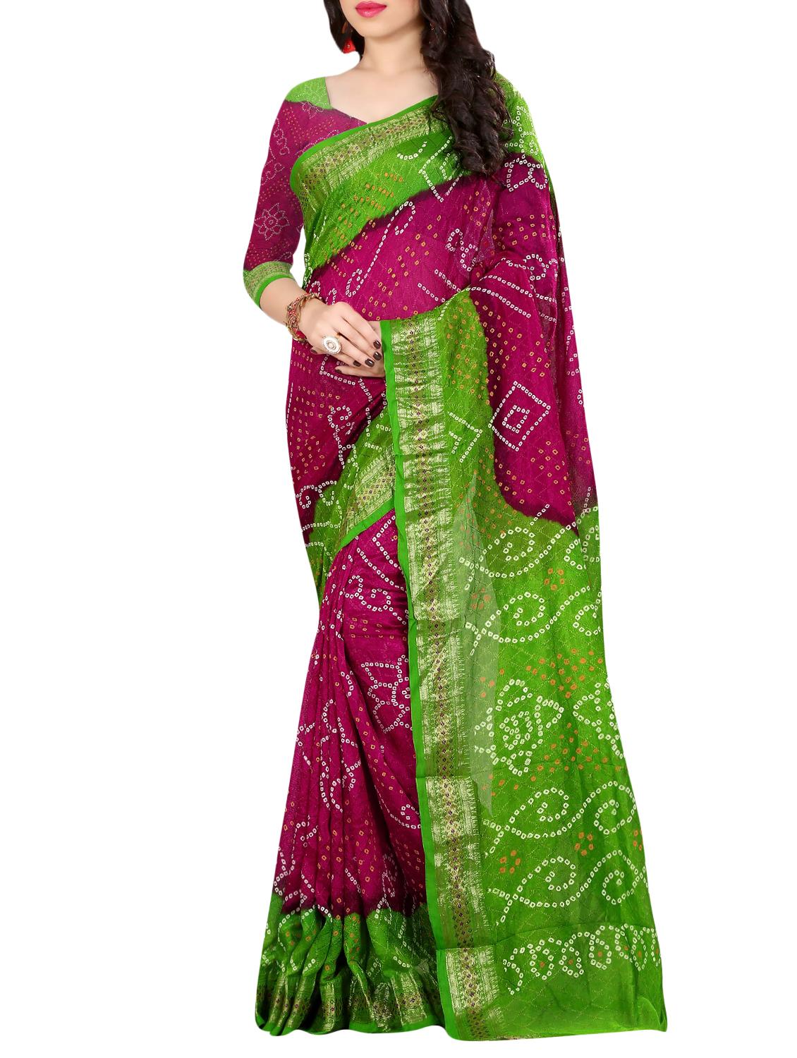 Zari contrast border bandhani saree with blouse - 15433790 - Zoom Image - 1
