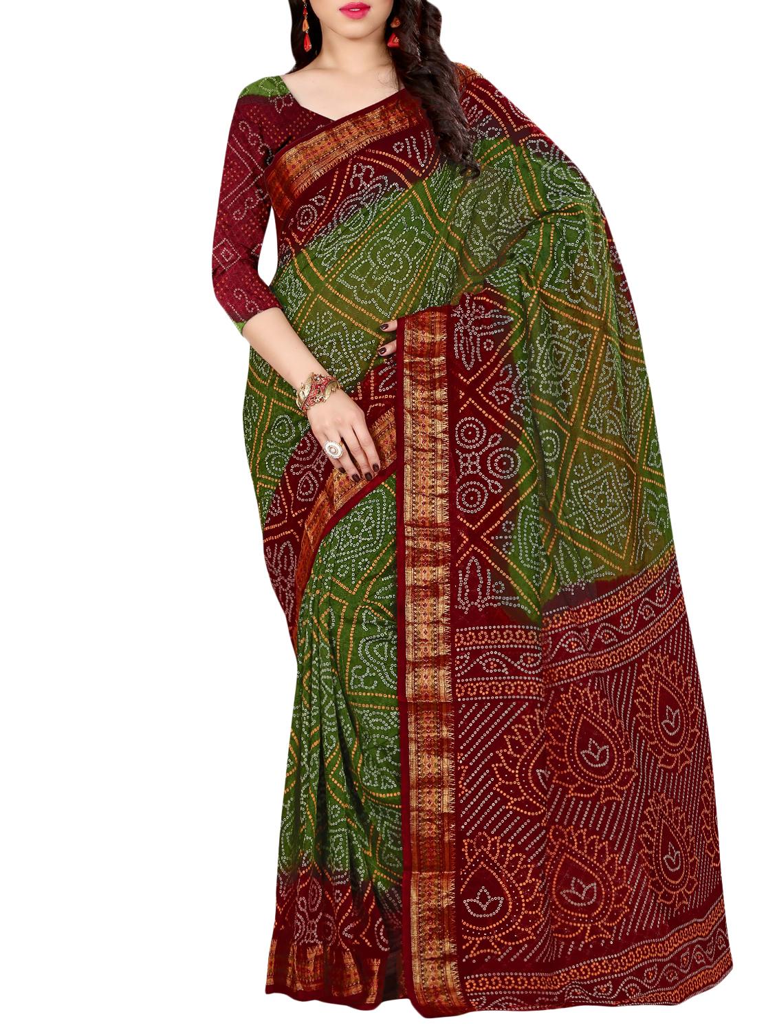 Zari contrast border bandhani saree with blouse - 15433799 - Zoom Image - 1