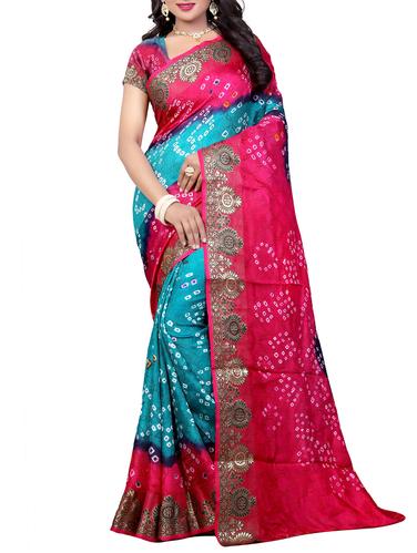 Zari contrast border bandhani saree with blouse - 15433826 - Very Small Image - 1