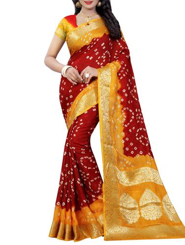 Silver Zari Pallu bandhani saree with blouse - 15433835 - Very Small Image - 1
