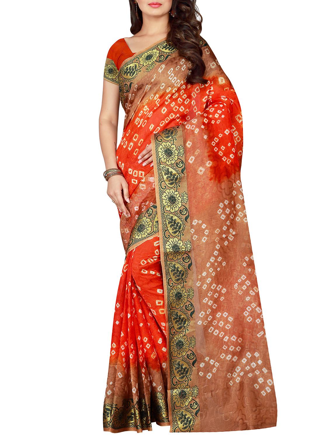 Zari contrast border bandhani saree with blouse - 15433881 - Zoom Image - 1
