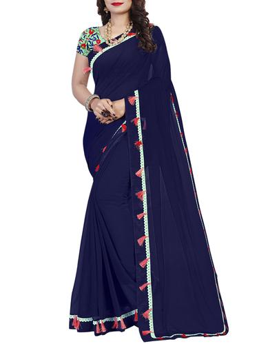 tassels lace border blue saree with blouse - 15434043 - Very Small Image - 1