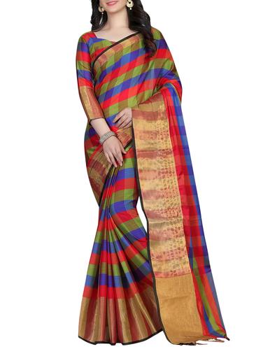 Checkered woven saree with blouse - 15434262 - Very Small Image - 1