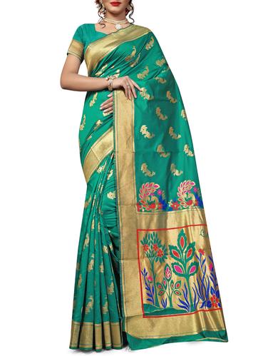 gold border conversational banarasi saree with blouse - 15434294 - Very Small Image - 1