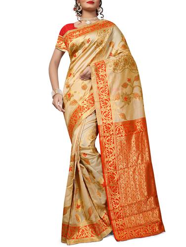 contrast border floral banarasi saree with blouse - 15434306 - Very Small Image - 1