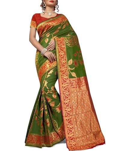 contrast border floral banarasi saree with blouse - 15434309 - Very Small Image - 1