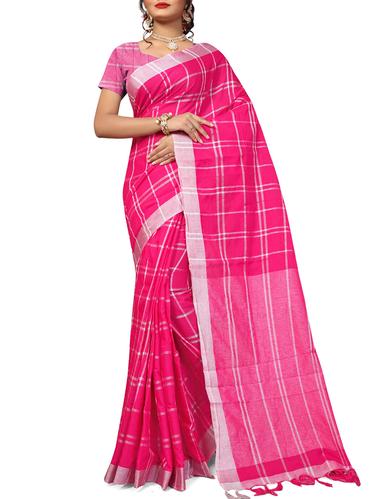 contrast checkered woven saree with tassels with blouse - 15434330 - Very Small Image - 1