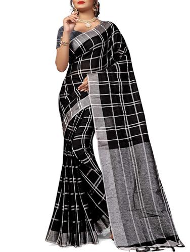 contrast checkered woven saree with tassels with blouse - 15434332 - Very Small Image - 1