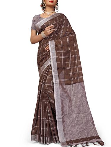 contrast checkered woven saree with tassels with blouse - 15434344 - Very Small Image - 1