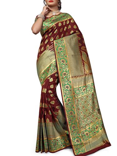 floral zari border banarasi saree with blouse - 15434378 - Very Small Image - 1