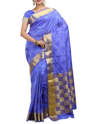 checkered zari pallu kanjivaram saree with blouse - 15434827 - Very Small Image - 1