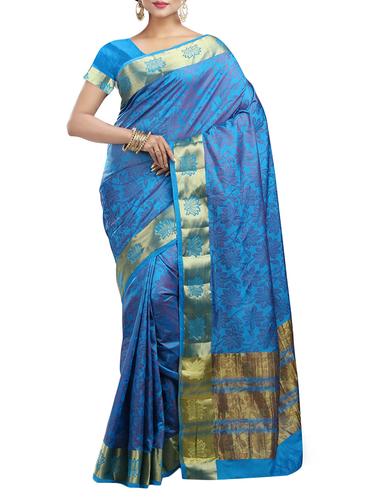 floral jacquard blue kanjivaram saree with blouse - 15434831 - Very Small Image - 1