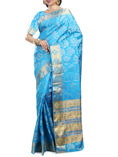 floral zari blue kanjivaram saree with blouse - 15434836 - Very Small Image - 1