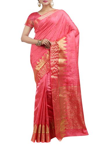 temple zari border pink kanjivaram saree with blouse - 15434852 - Very Small Image - 1