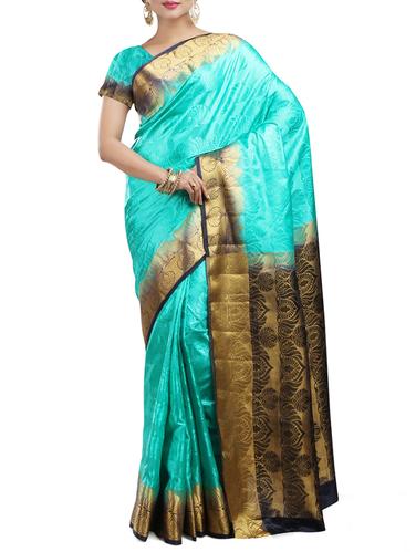 gold border teal kanjivaram saree with blouse - 15434853 - Very Small Image - 1