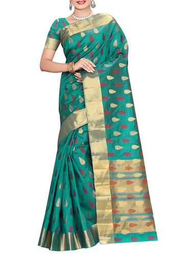 zari border green kanjivaram saree with blouse - 15434857 - Very Small Image - 1